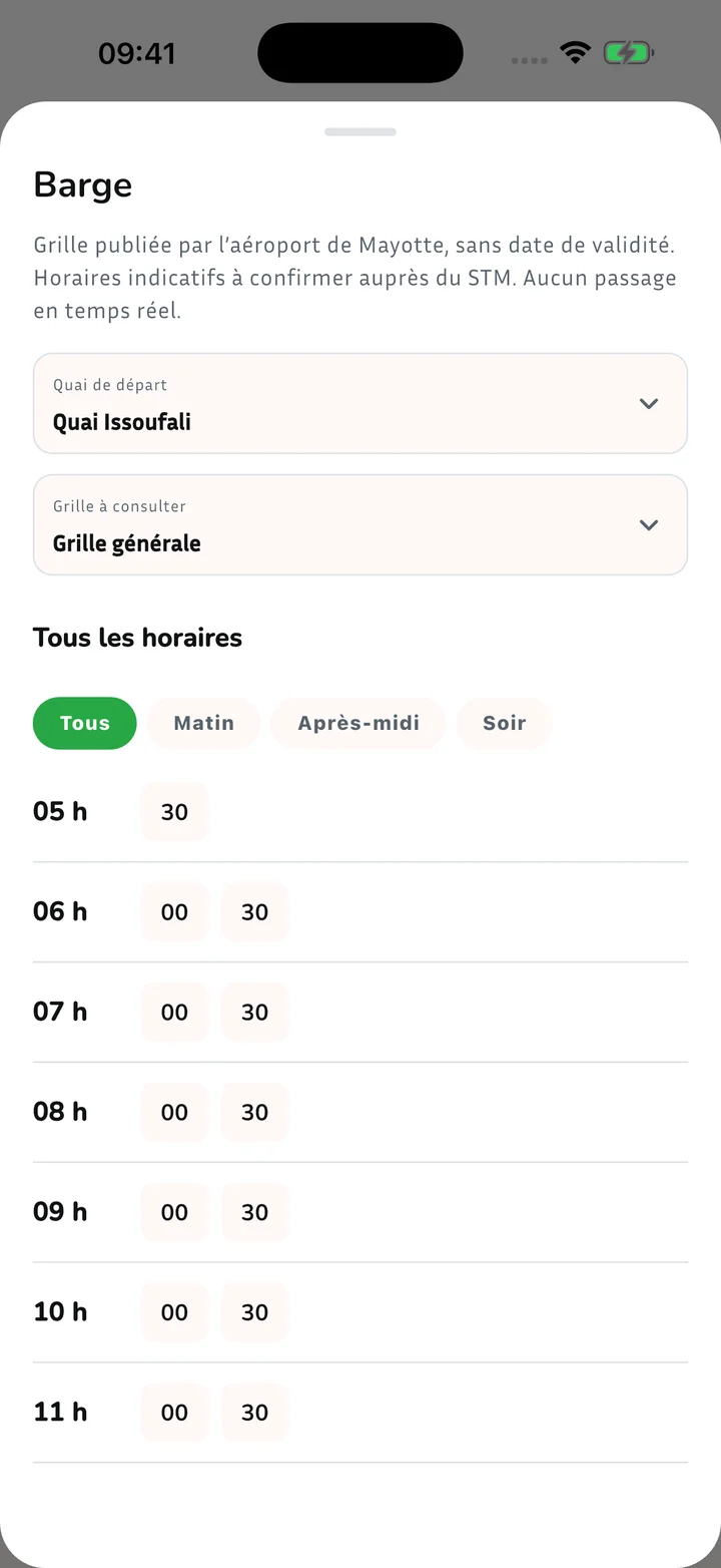 Grille des horaires indicatifs de la barge au départ du quai Issoufali