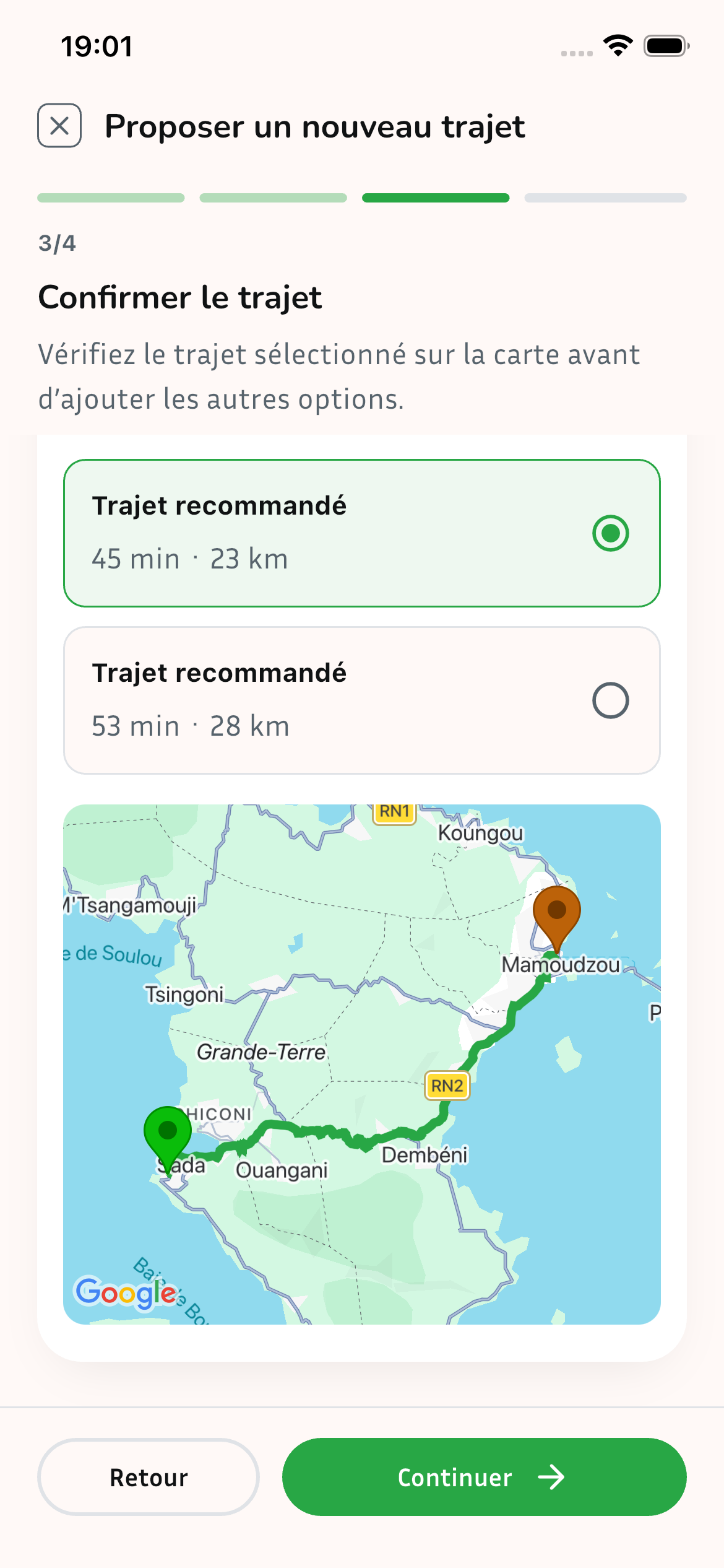 Écran de confirmation lors de l’ajout d’un trajet dans Usafiri