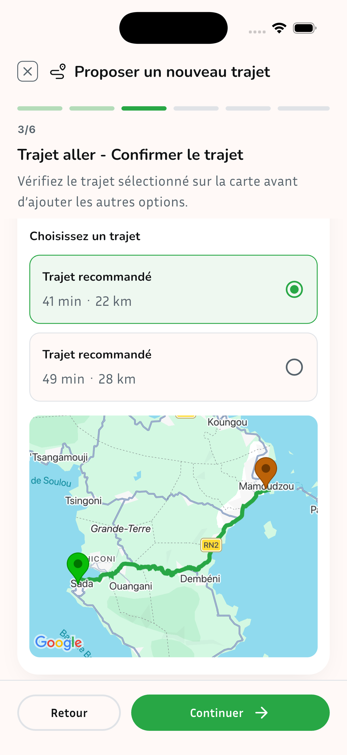 Écran de confirmation lors de l’ajout d’un trajet dans Usafiri